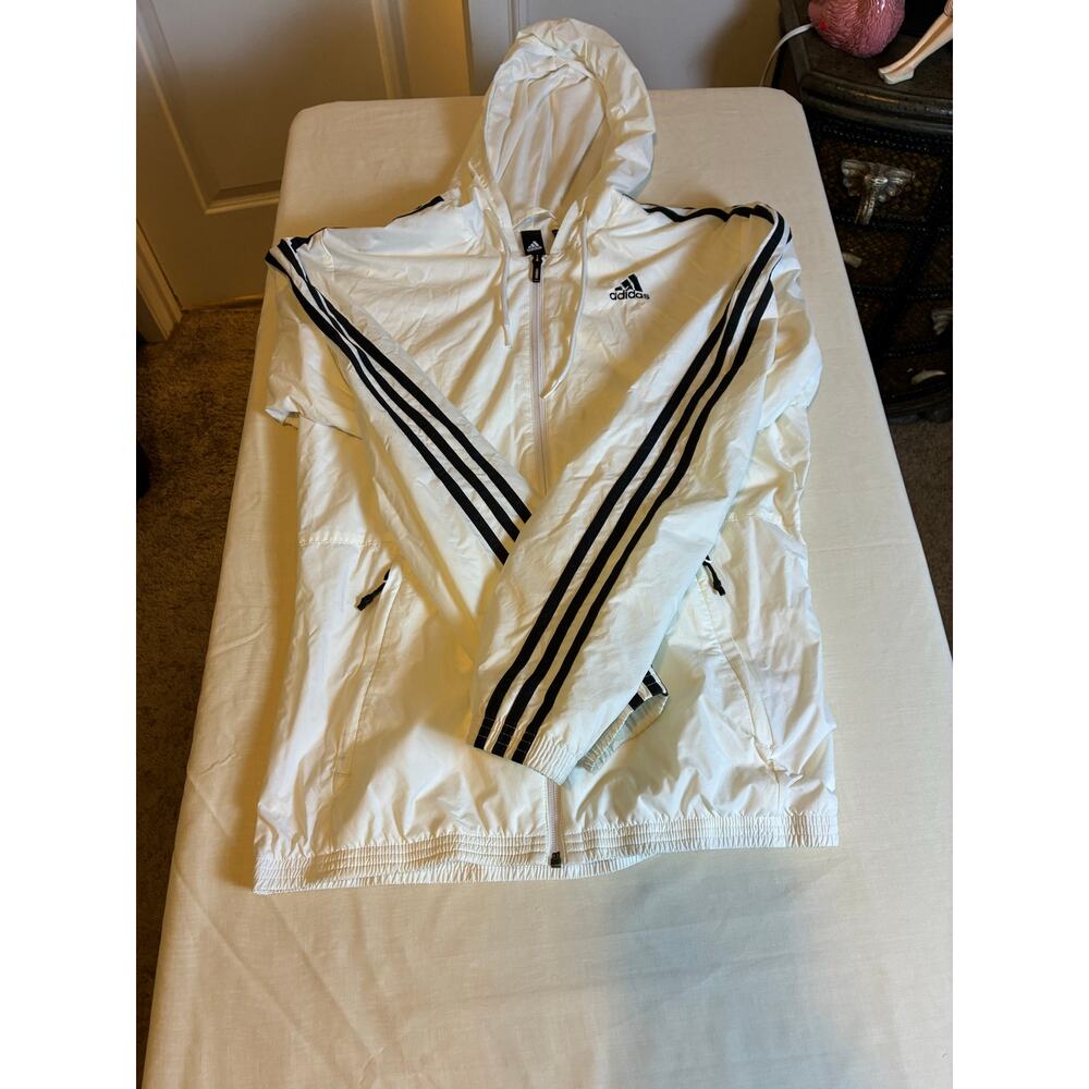 Adidas Windbreaker Jacket Women S White 3 Stripe Hooded Full Zip Lightweight